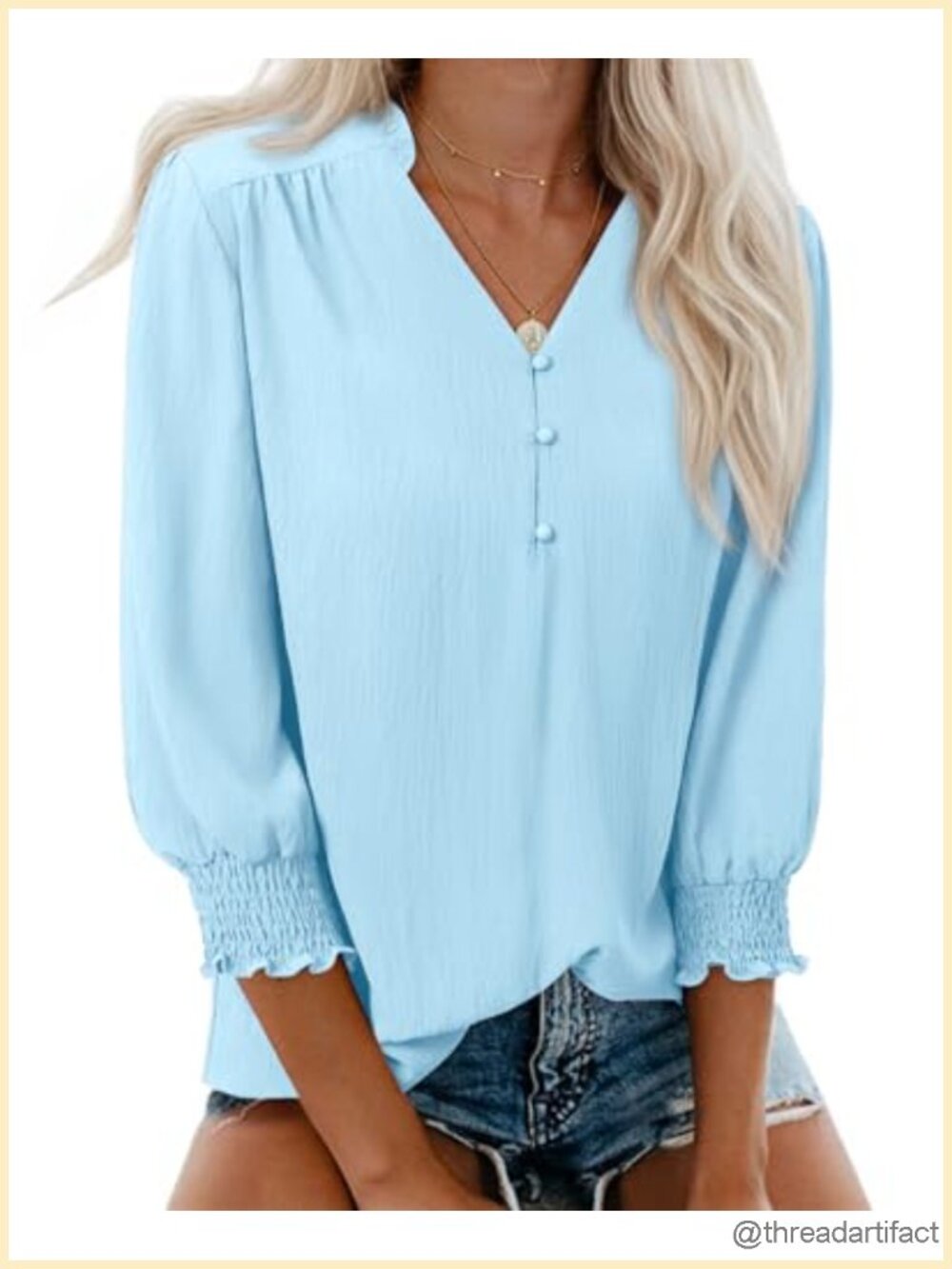Dressy Casual Blouse 3/4 Sleeve Smocked Cuff V-Neck Work Top